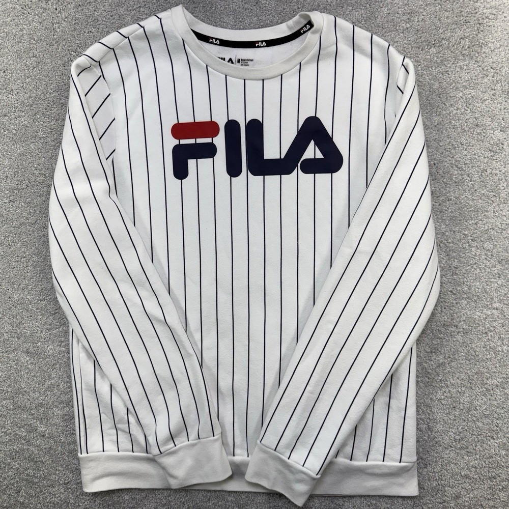 Fila Mens M Long Sleeve Sweatshirt White Navy Blue Pinstripe Big Logo Pullover